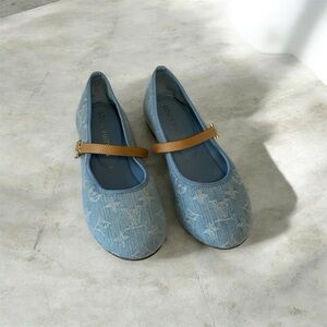 Louis Vuitton Light Blue Denim Mary Jane Flats with Tan Strap and Gold Buckle